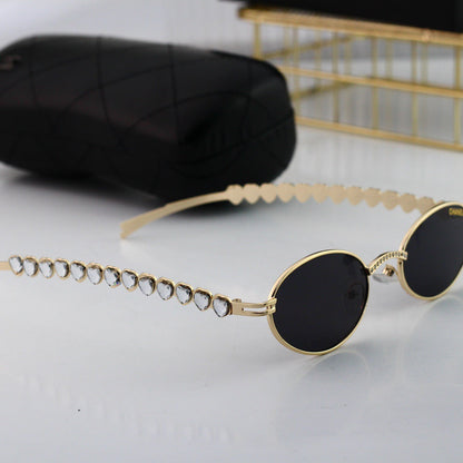 Vintage Egg-Shaped Sunglasses with Heart-Shaped Rhinestones