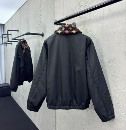 Suede Color Print Collar Bomber Jacket